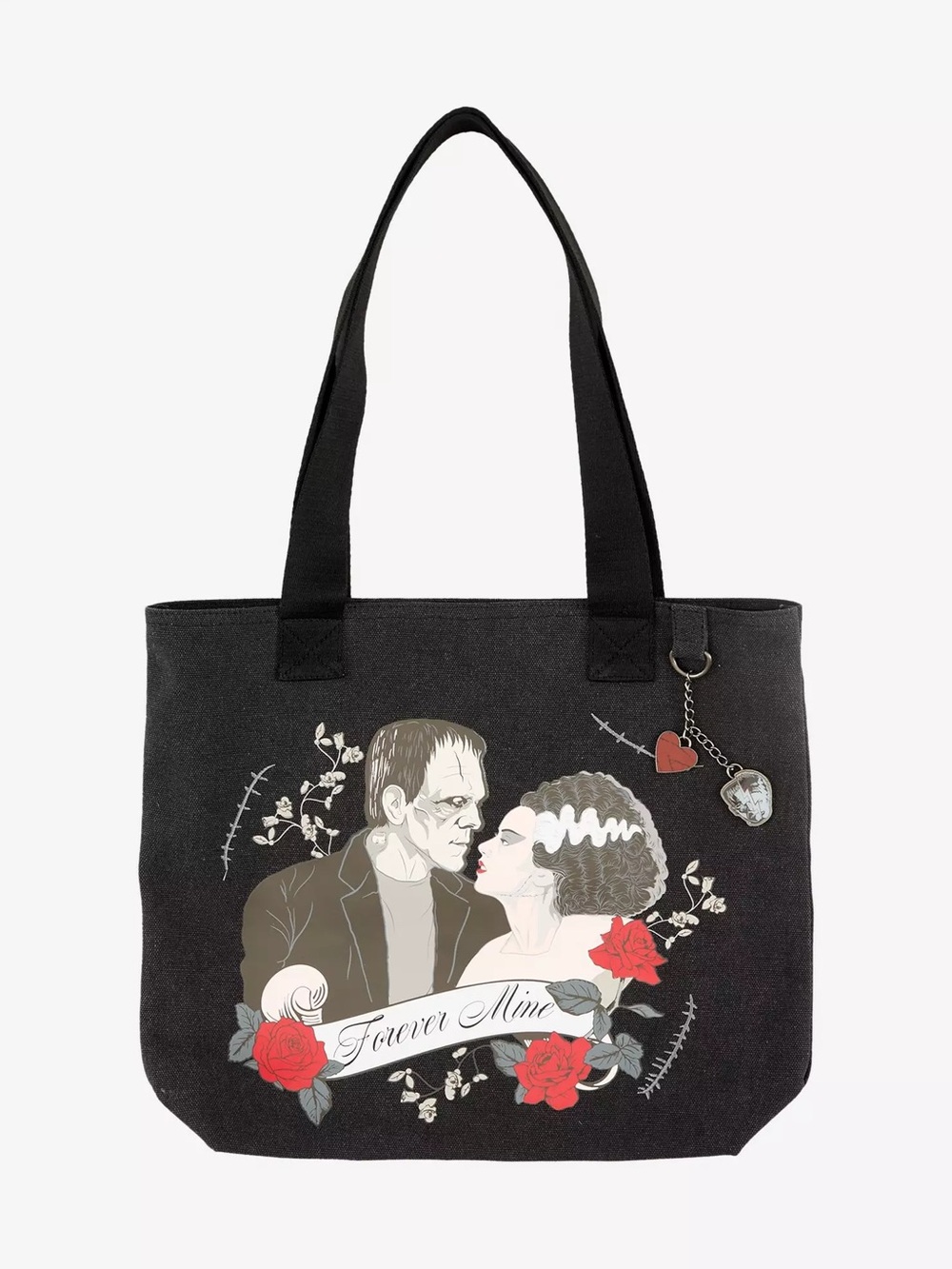 Black 'Forever Mine' Frankenstein & Bride Graphic Tote